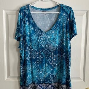 Westport Teal and White Floral Short Sleeve Top